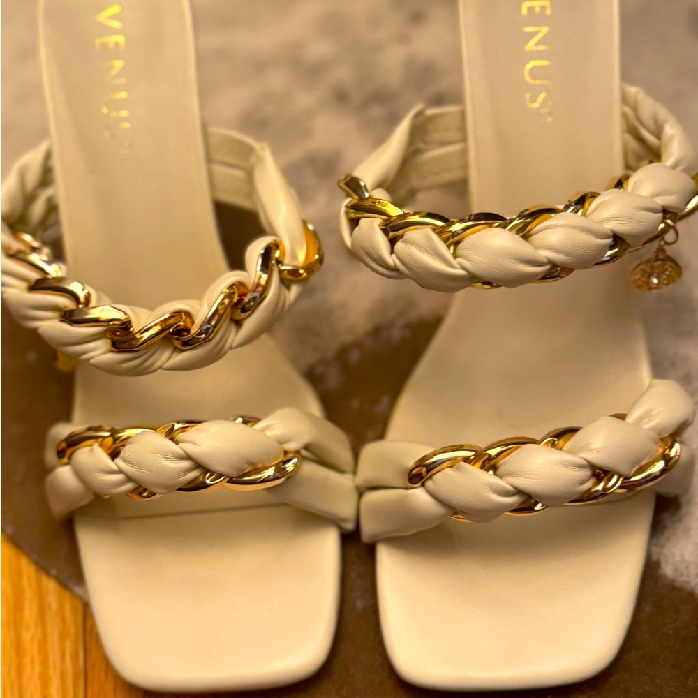 Venus white with gold chain accent heels